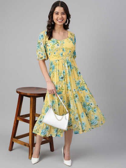 Yellow Georgette Floral Print Flared Western Dress Janasya Gold