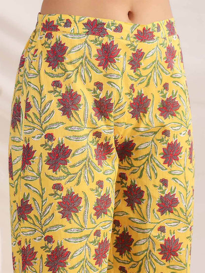 Yellow Cotton Floral Pleated Co-ord Set