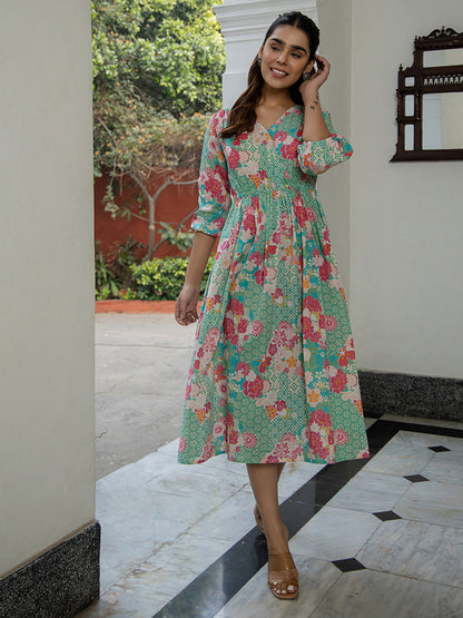 Sea Green Cotton Floral Fit & Flare Dress
