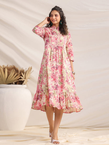 Pink Cotton Abstract Gathered Dress