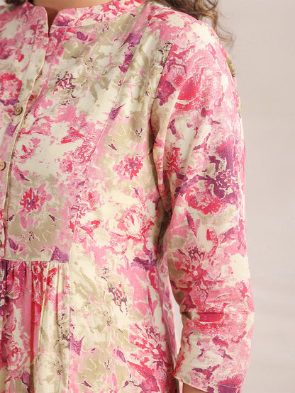 Pink Cotton Abstract Gathered Dress