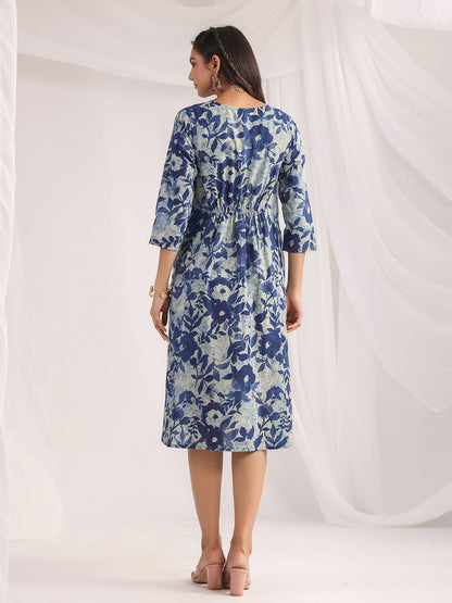 Indigo Cotton Floral Panelled Dress