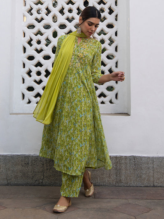 Lime Green Georgette Yoke Embroidery Anarkali Kurta Set