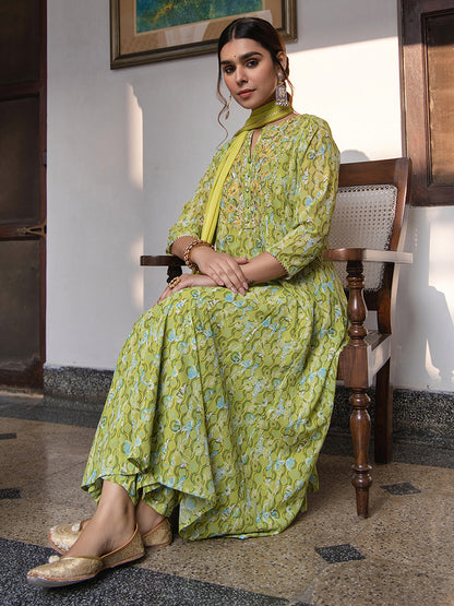 Lime Green Georgette Yoke Embroidery Anarkali Kurta Set
