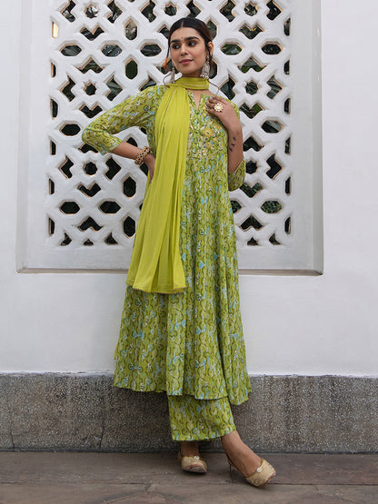 Lime Green Georgette Yoke Embroidery Anarkali Kurta Set