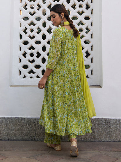 Lime Green Georgette Yoke Embroidery Anarkali Kurta Set