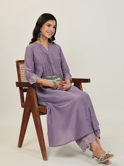 Lavender Muslin Embroidered Sleeve Pleated A-Line Kurta Set