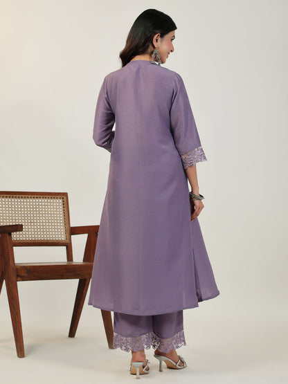 Lavender Muslin Embroidered Sleeve Pleated A-Line Kurta Set