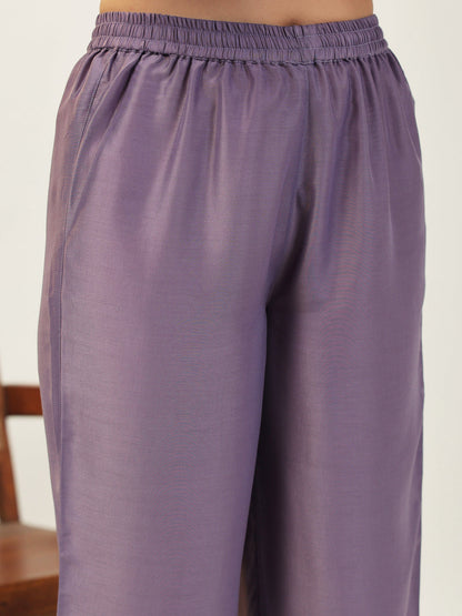 Lavender Muslin Embroidered Sleeve Pleated A-Line Kurta Set