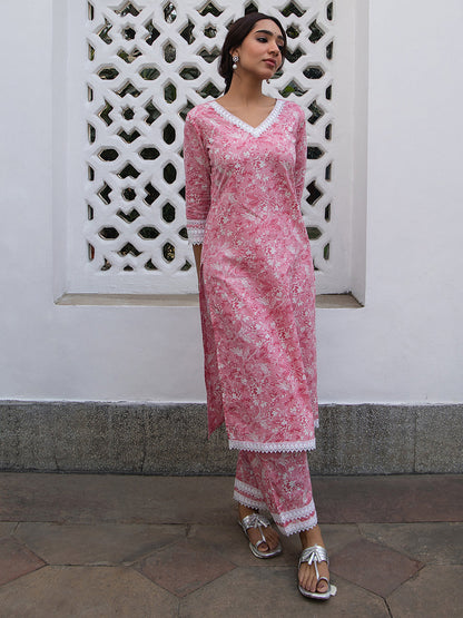 Pink Cotton Floral Regular Kurta Set