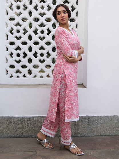 Pink Cotton Floral Regular Kurta Set