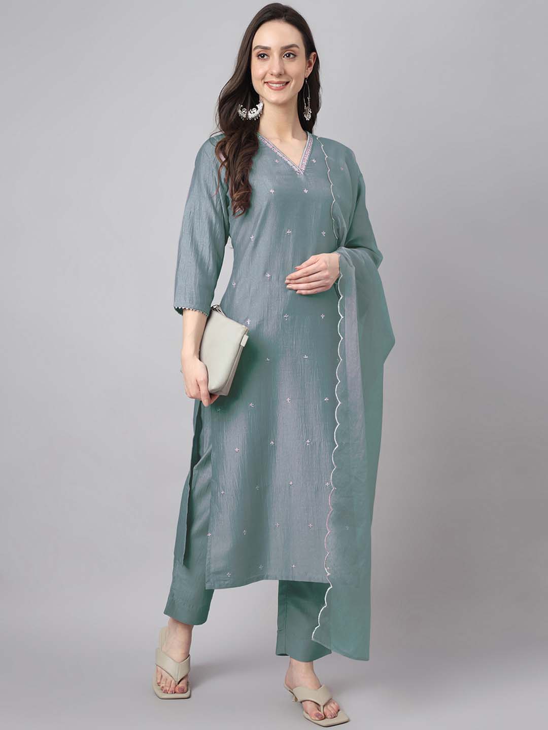 Ice Blue Chinnon Embroidered Regular Kurta Set