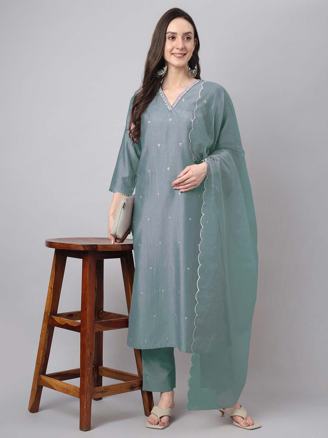 Ice Blue Chinnon Embroidered Regular Kurta Set