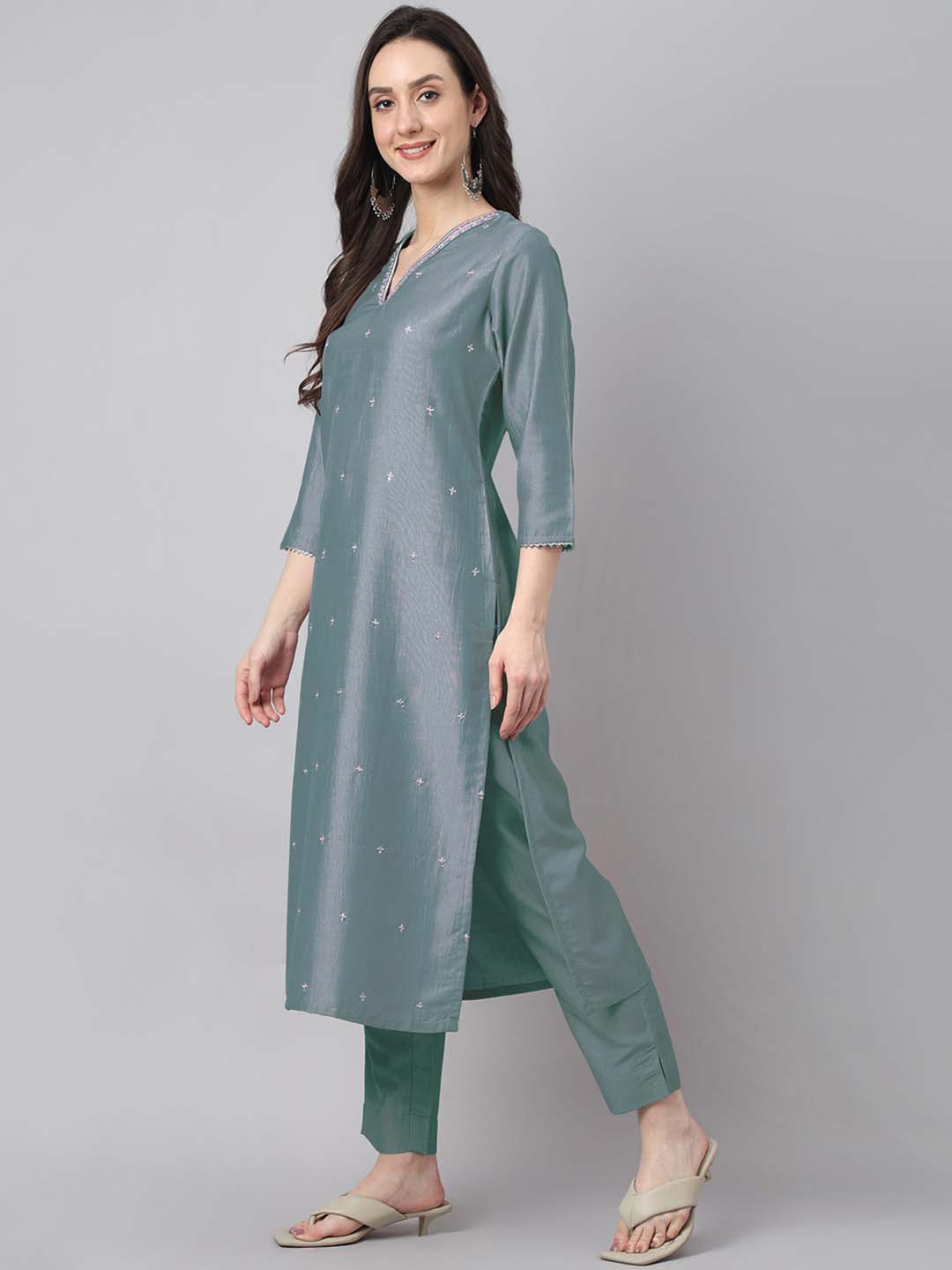 Ice Blue Chinnon Embroidered Regular Kurta Set