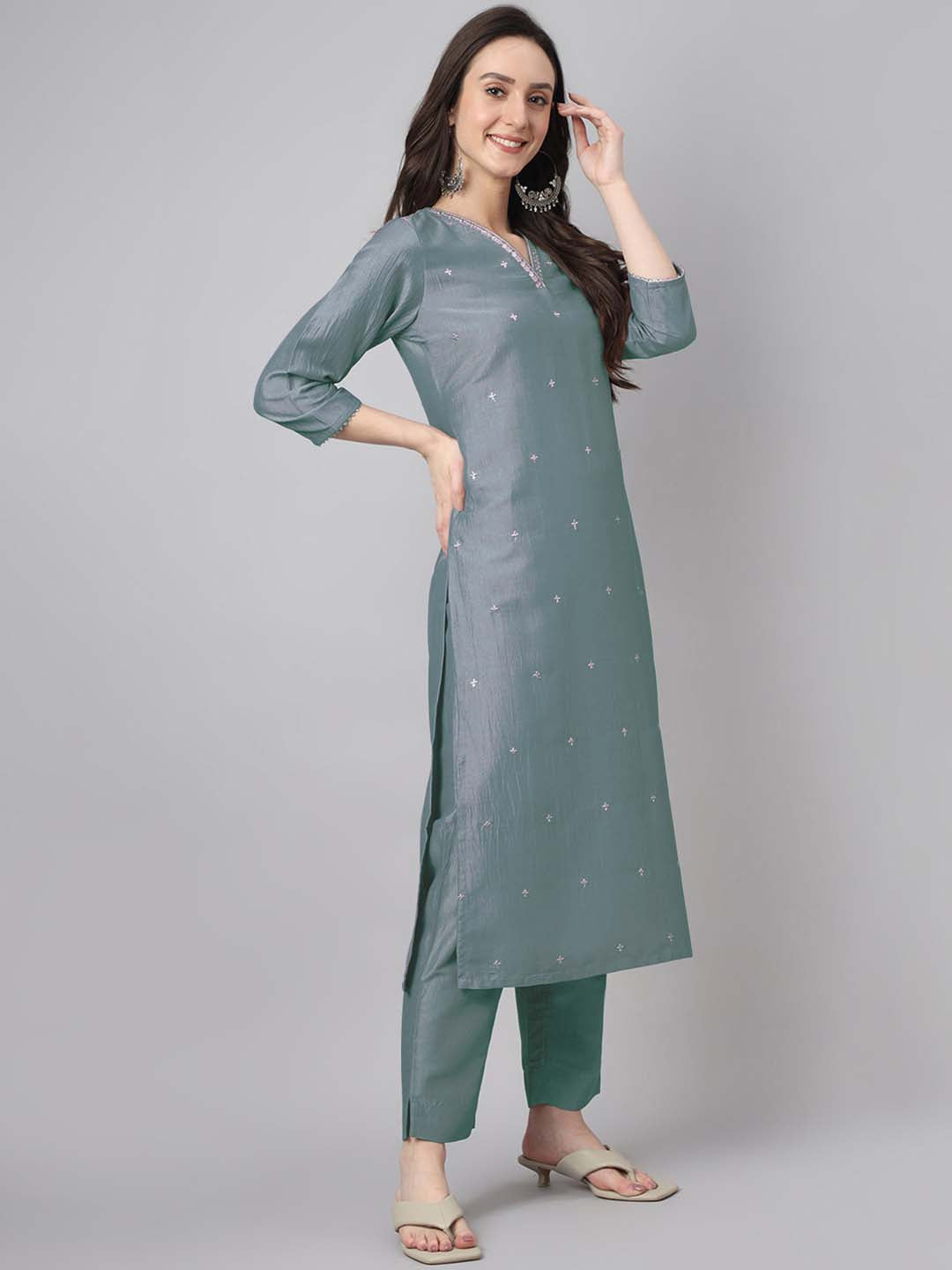 Ice Blue Chinnon Embroidered Regular Kurta Set