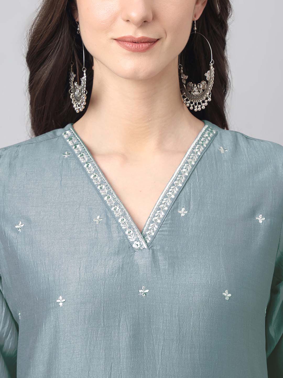Ice Blue Chinnon Embroidered Regular Kurta Set