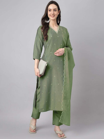 Green Chinnon Embroidered Regular Kurta set