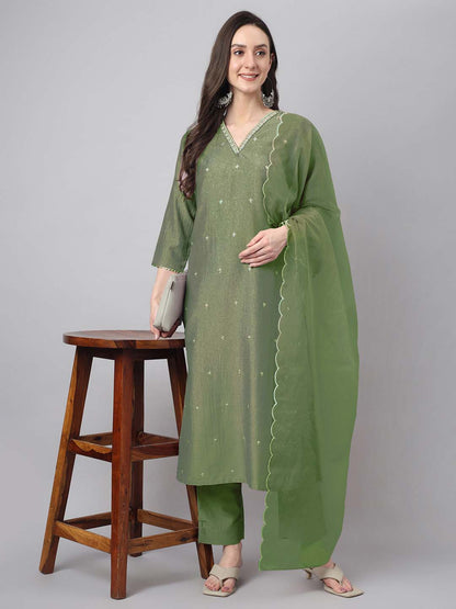 Green Chinnon Embroidered Regular Kurta set