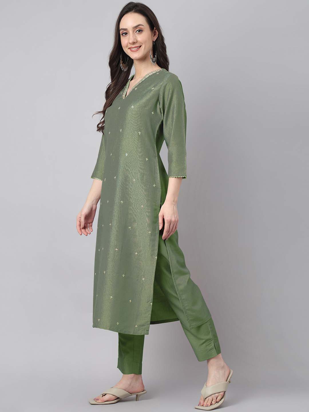 Green Chinnon Embroidered Regular Kurta set
