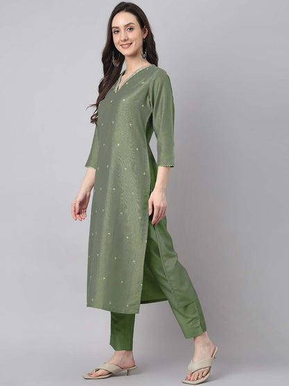 Green Chinnon Embroidered Regular Kurta set