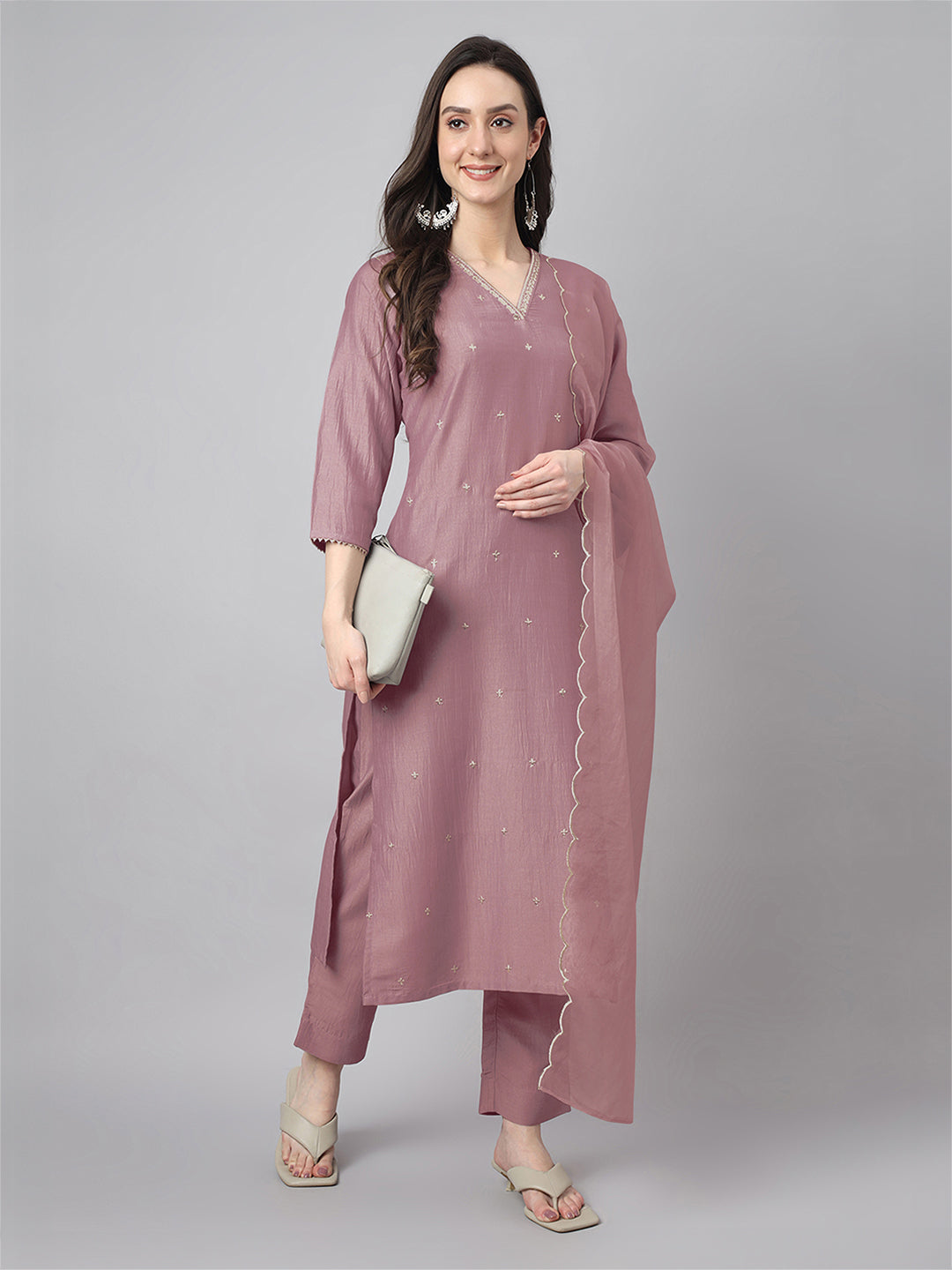 Mauve Chinnon Embroidered Regular Kurta Set