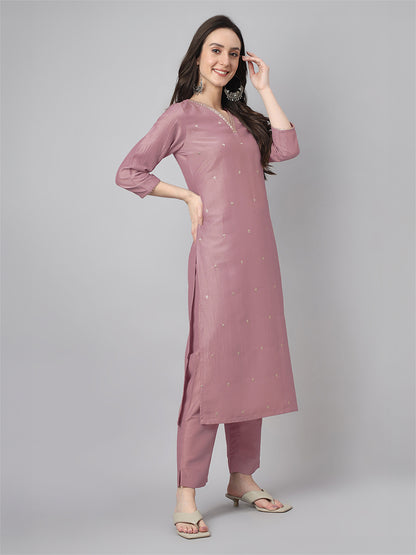 Mauve Chinnon Embroidered Regular Kurta Set