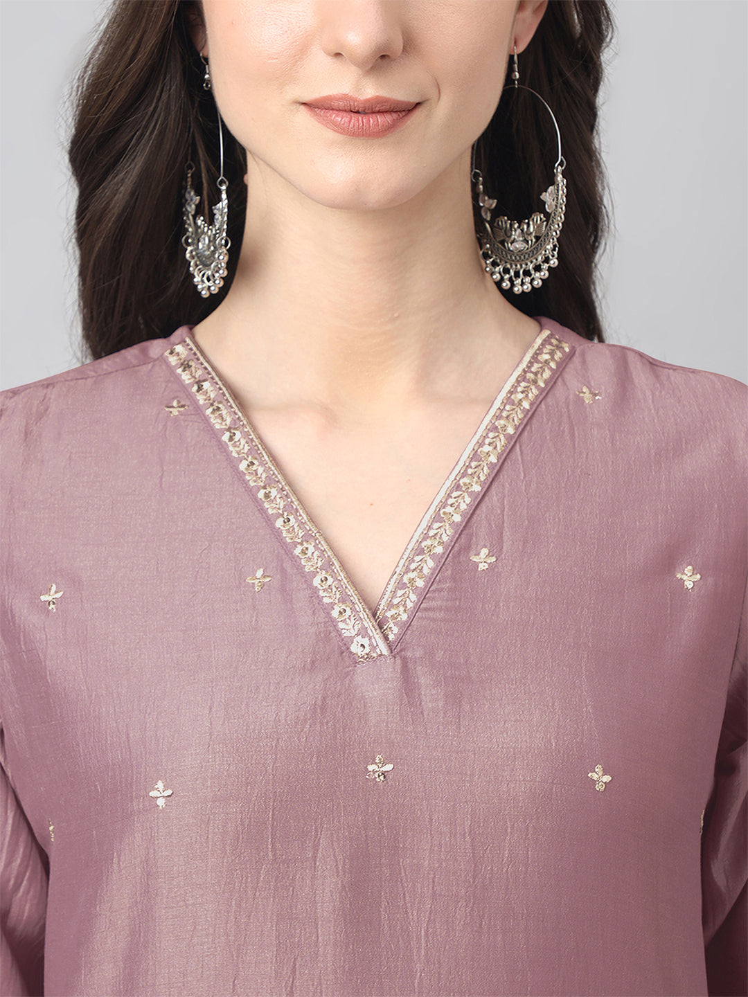 Mauve Chinnon Embroidered Regular Kurta Set