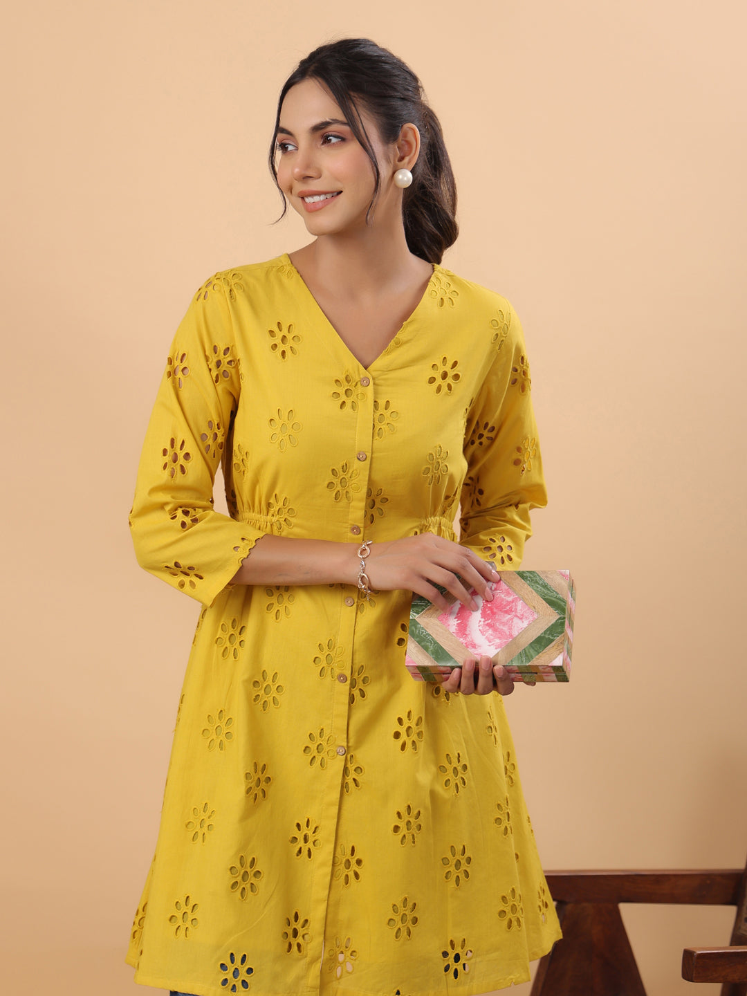 Mustard Cotton Schiffli A-Line Tunic