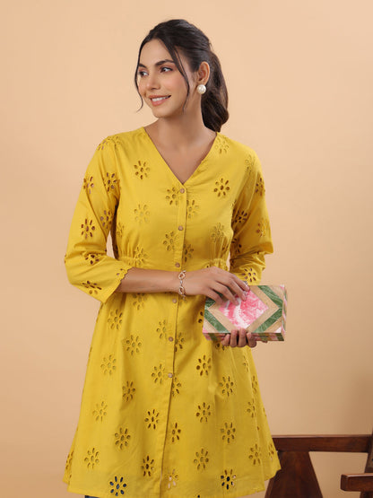 Mustard Cotton Schiffli A-Line Tunic