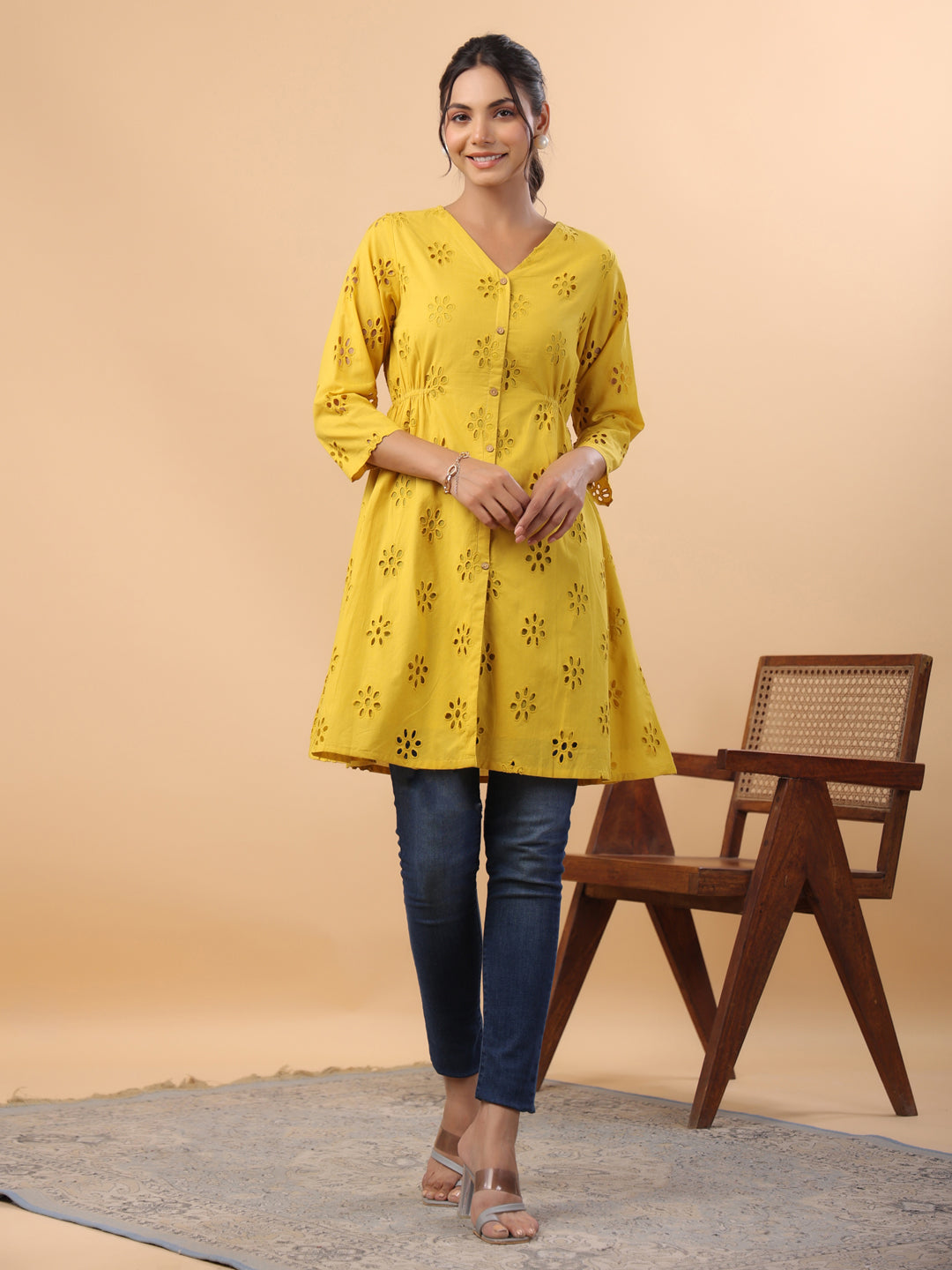 Mustard Cotton Schiffli A-Line Tunic
