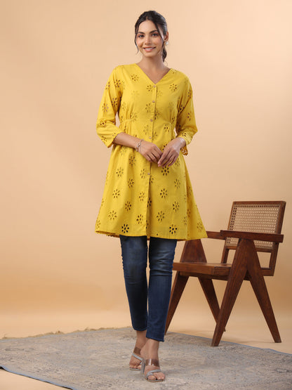 Mustard Cotton Schiffli A-Line Tunic