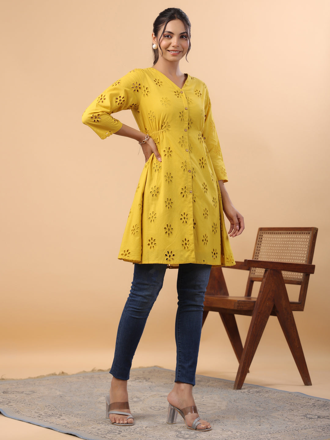 Mustard Cotton Schiffli A-Line Tunic