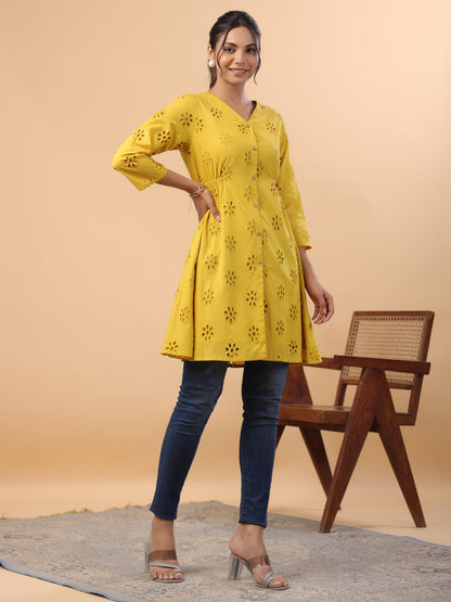 Mustard Cotton Schiffli A-Line Tunic