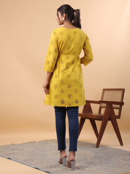 Mustard Cotton Schiffli A-Line Tunic
