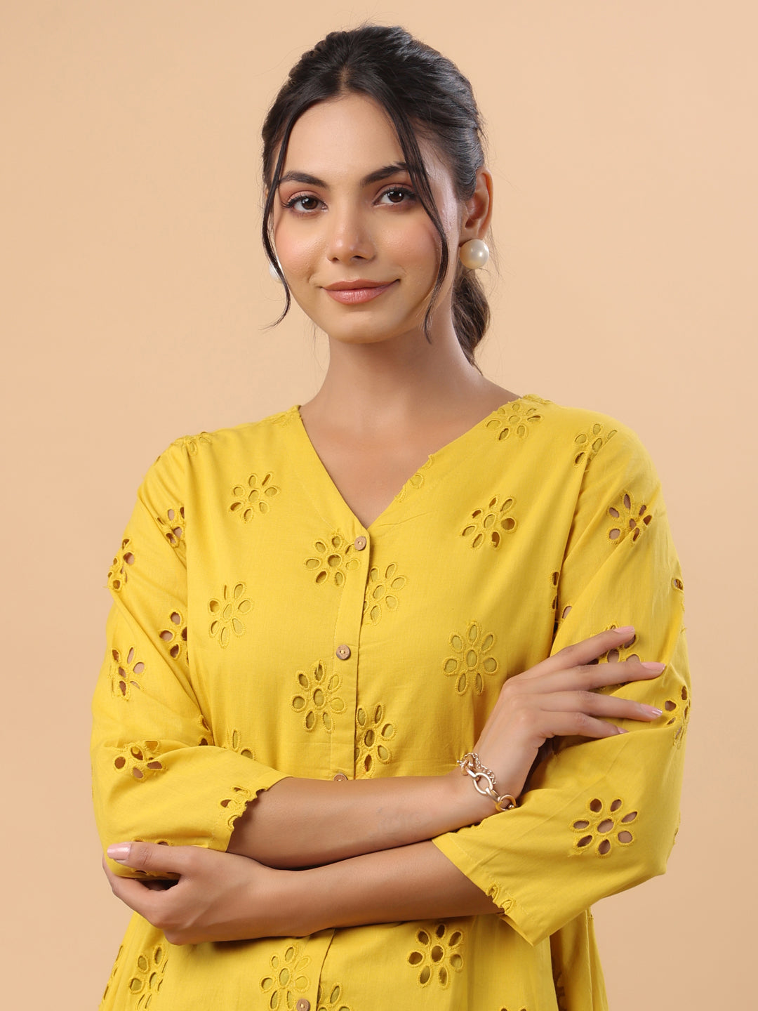 Mustard Cotton Schiffli A-Line Tunic