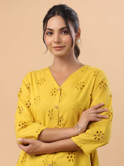 Mustard Cotton Schiffli A-Line Tunic