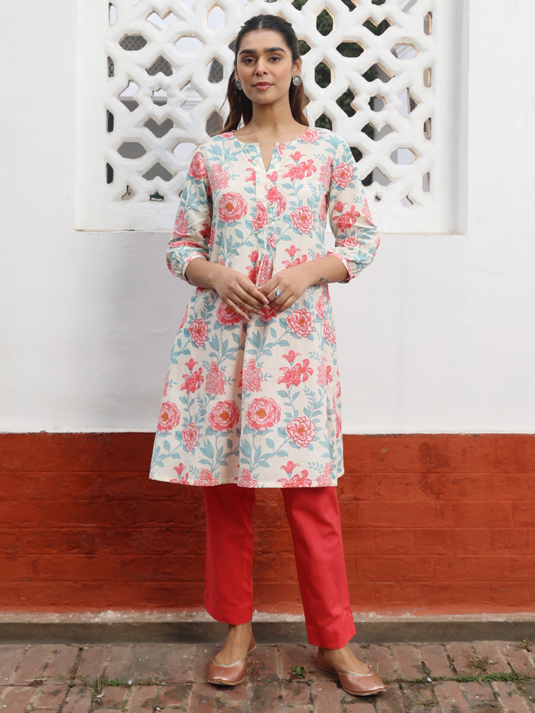 Cream Cotton Floral A-Line Tunic
