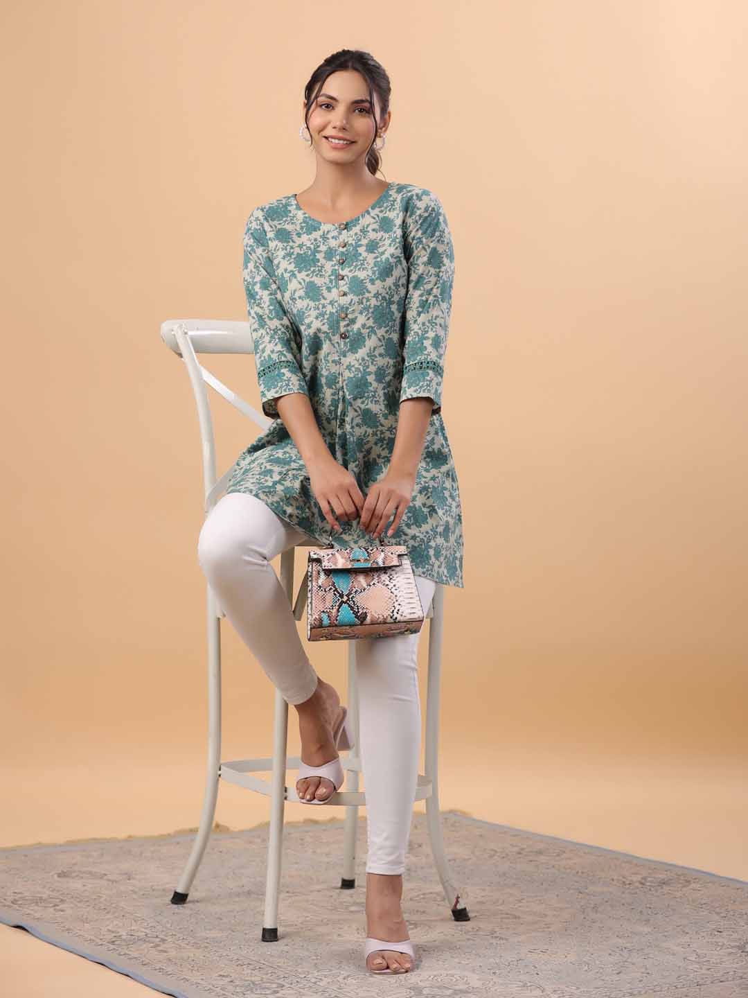 Sage Cotton Floral A-Line Tunic