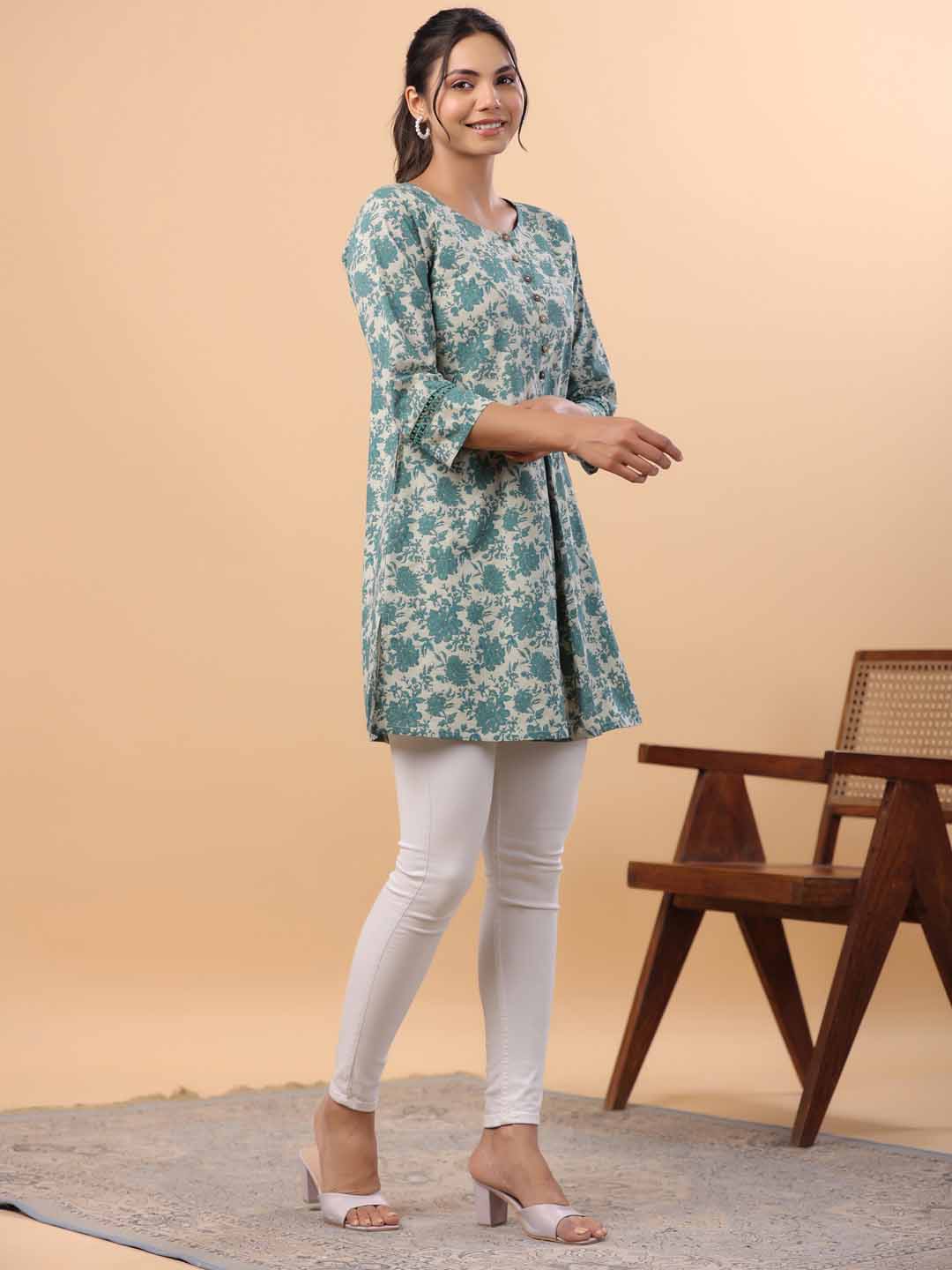 Sage Cotton Floral A-Line Tunic