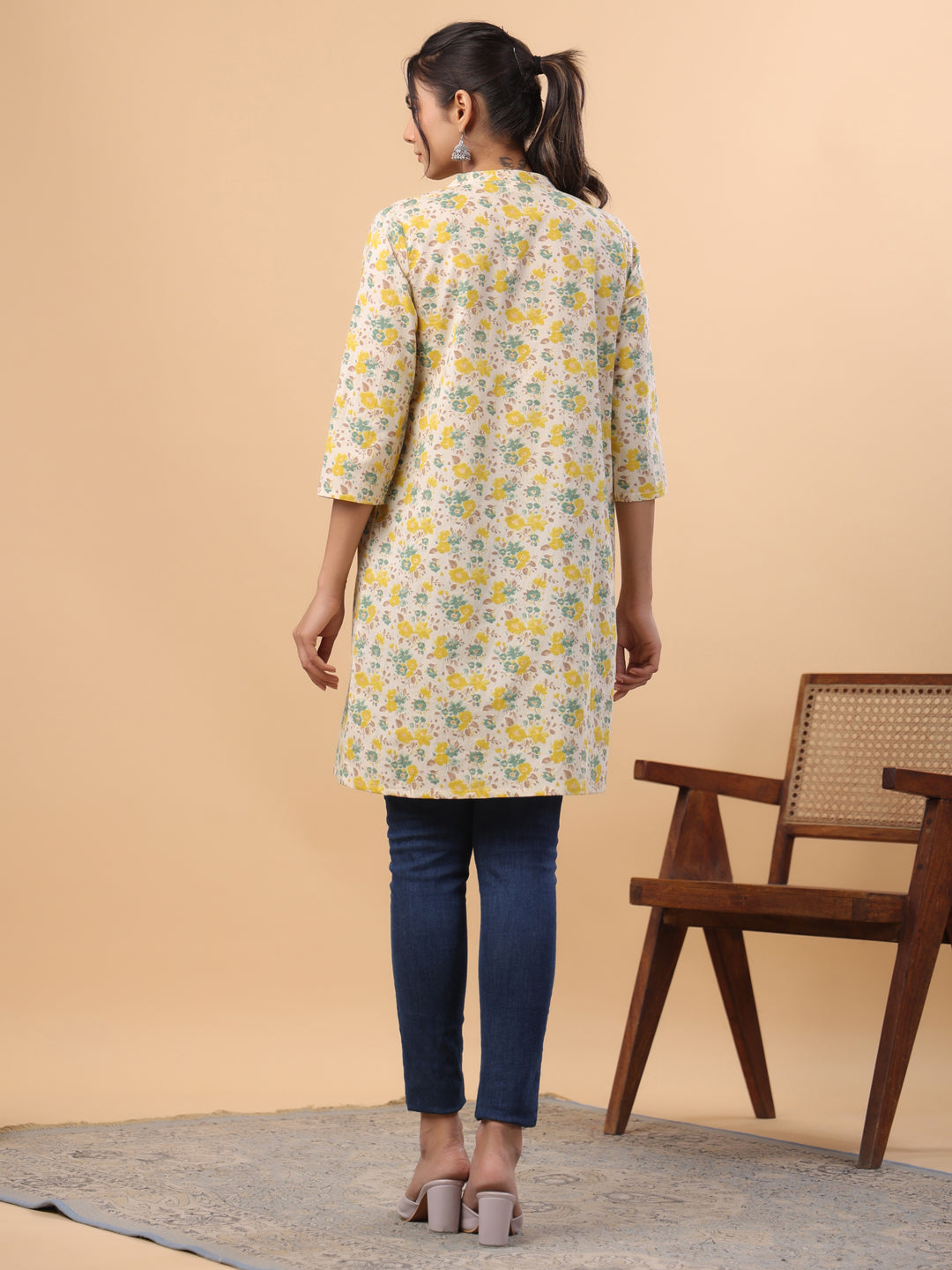 Cream Cotton Floral A-Line Tunic