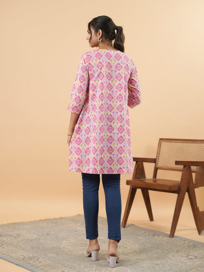 Pink Cotton Ikkat Pleated Tunic