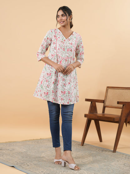 White Cotton Floral A-Line Tunic