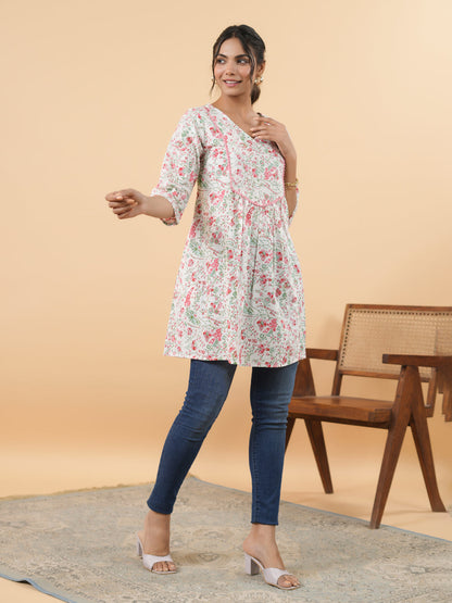 White Cotton Floral A-Line Tunic