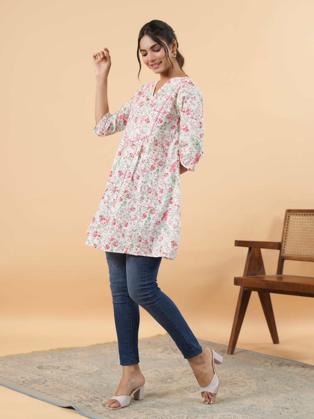 White Cotton Floral A-Line Tunic