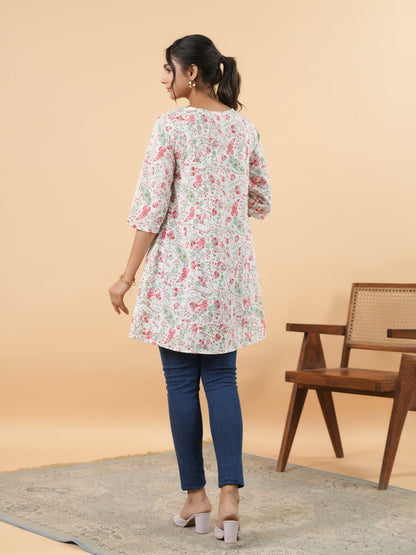 White Cotton Floral A-Line Tunic