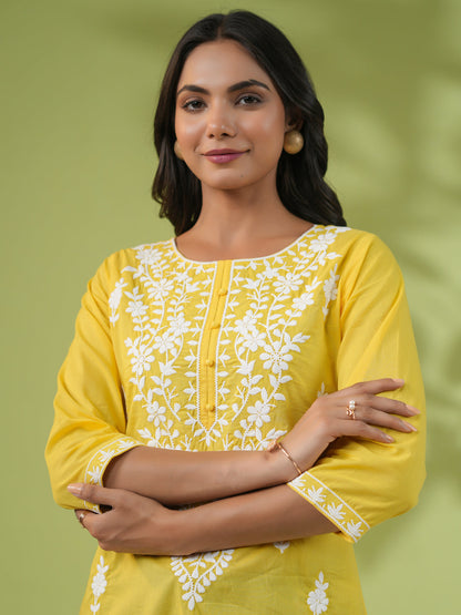Yellow Cotton Chikankari Regular Tunic