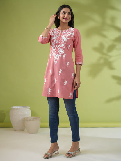Peach Cotton Chikankari Regular Tunic