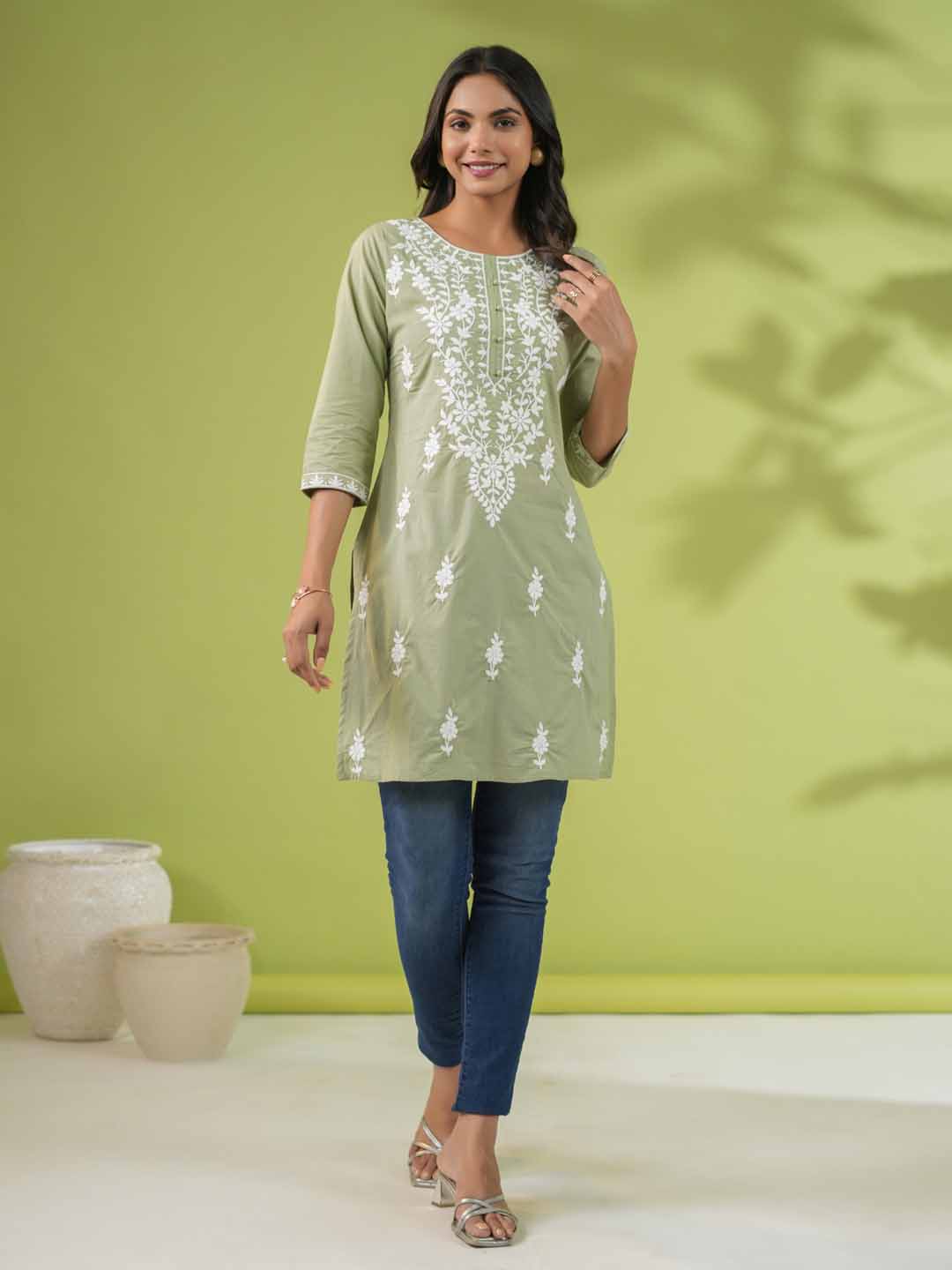 Sage Cotton Chikankari Regular Tunic