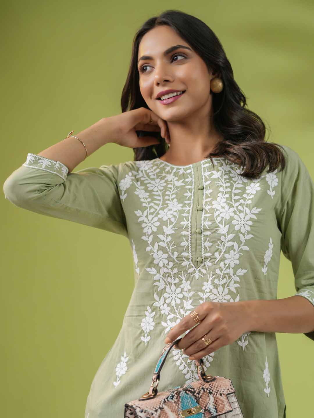 Sage Cotton Chikankari Regular Tunic