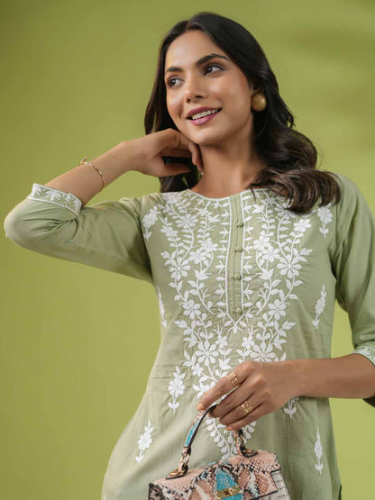 Sage Cotton Chikankari Regular Tunic
